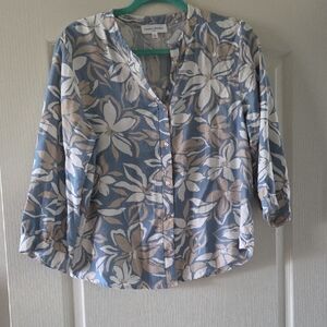 Floral Button-Up Blouse - Blue and Tan